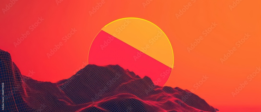 Poster minimalist depiction of the sun with abstract cyber visuals and clean lines with copy space