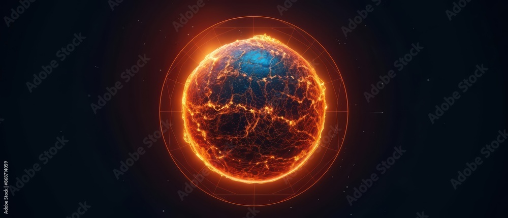 Poster minimalist depiction of the sun with abstract cyber visuals and clean lines with copy space