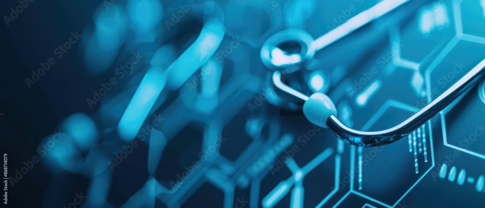 Poster minimalist depiction of unusual medical tools with abstract cyber visuals and clean lines with copy 