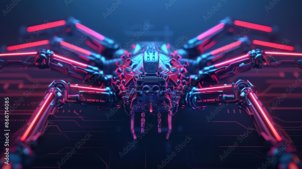 Poster minimalist depiction of unusual cyber creatures with abstract visuals and clean lines with copy spac