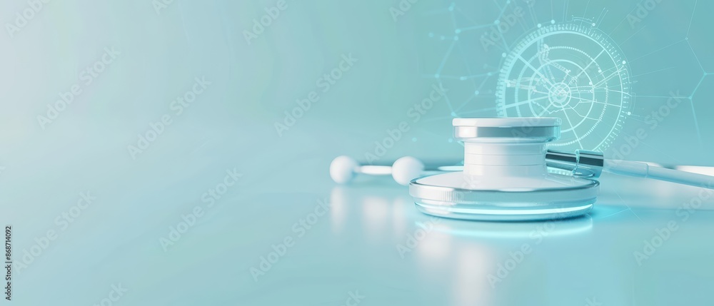 Poster minimalist depiction of unusual medical tools with abstract cyber visuals and clean lines with copy 