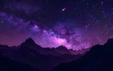 Purple Night Sky with Shooting Star and Mountains