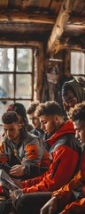 Group of people gathered in a wooden cabin, looking at something.
