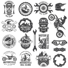 Set of motorcycle hill climb logos, badges, stickers. Vector. Extreme sport with motorcycle helmet, skull, glasses, bike, mountain and wrenches. Monochrome style © sivvector