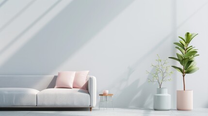 A serene living room in shades of silver, designed in a minimalist style with clean, modern furniture and plenty of copy space for adding text or graphics.