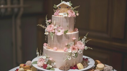 A mouth-watering photo of a beautifully designed cake. The cake features multiple tiers adorned with delicate floral fondant decorations, cascading flowers, and pearl accents.The top tier has a charm.