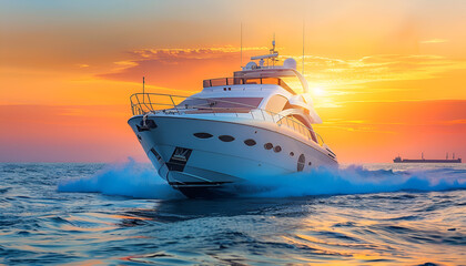 Fototapeta premium Luxury yacht in action in the sea on sunset background, sailing sport, water transport, summer cruise, traveling and tourism concept