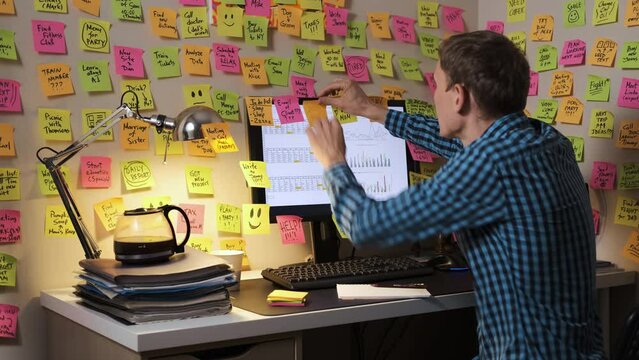 Male adding colorful note to a screen while working on a computer at his desk late at night, surrounded by colorful sticky notes covering walls around him. Time organization and planning concept