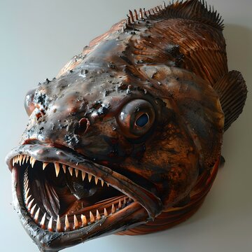 Close up of a wolffish with its mouth open showing sharp teeth