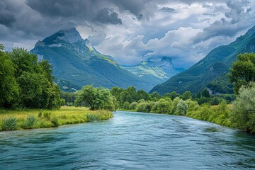 This photo is of the Psysh riverbed, which runs near Arkhyz village in the northern Caucasus Mountains, Karachay-Cherkessia, Russia, on a sunny summer day.