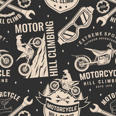 Motorcycle hill climb seamless pattern or background. Vector. Fabric, texture, wallpaper with motorcycle helmet, glasses, bike, mountain and wrenches. © sivvector
