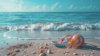 On pristine sand with clear blue ocean and sky background, colorful flip flops, a beach ball, and a flower are seen on a summer beach scene.