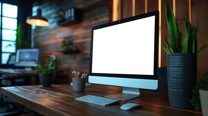 Mockup of modern monitor in dimly lit cafe, AI-generative