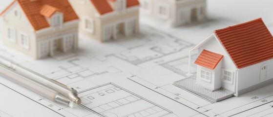 Model houses and a blueprint on a table.