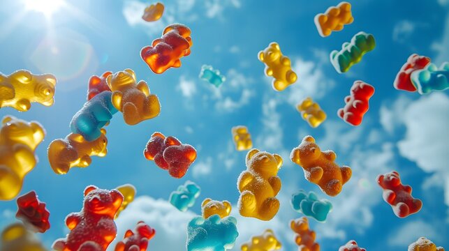 gummy bears floating in the air, bright blue sky and fluffy clouds 