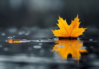 Yellow Maple Leaf Floating on Water with Rain Drops