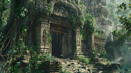 Naklejka premium Ancient jungle temple ruins. Explore the mystery of an ancient stone temple overgrown by the jungle in this atmospheric image.