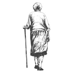 Elderly Woman with Walking Stick: Back View, Sepia Sketch.