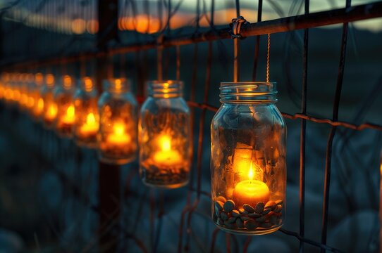 A set of glass jars with lit candles hanging on a metal fence at sunset.