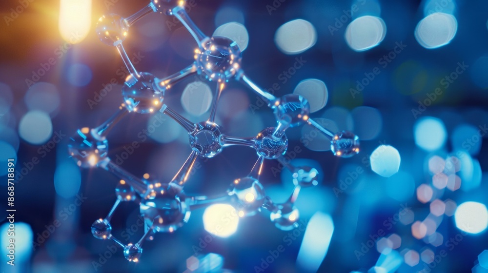 Poster abstract glass molecule structure on blue background. close-up of a glass molecule structure with a 