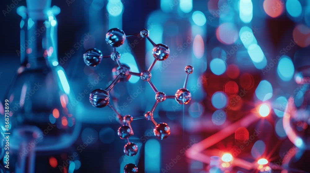 Poster molecular structure, science background. a glass molecular structure model in a laboratory setting w