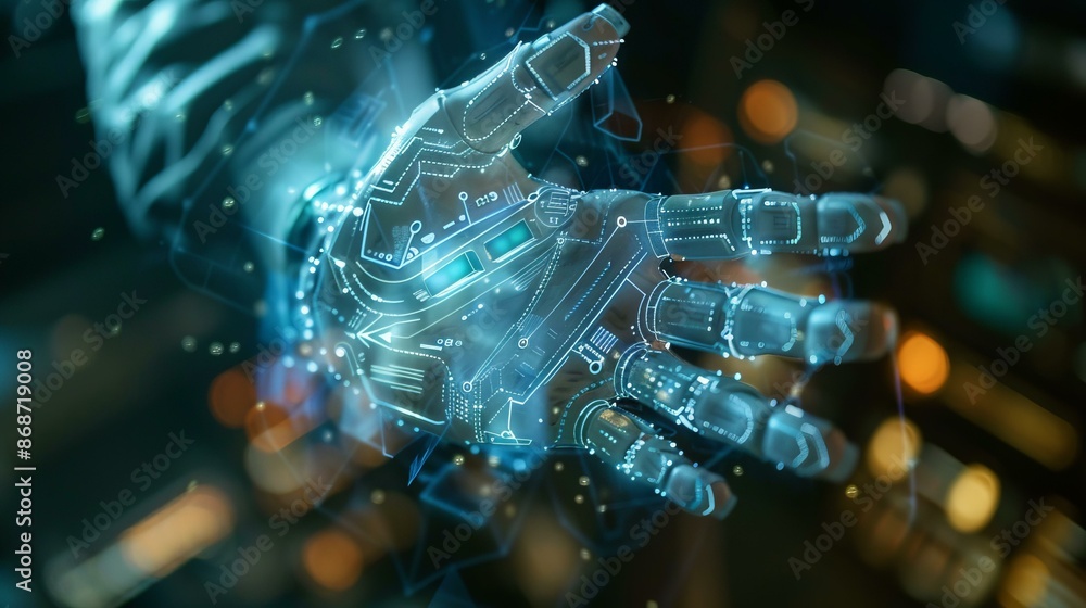 Poster futuristic robot hand technology. close-up of a futuristic robot hand with glowing circuitry, repres