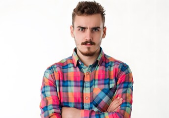 Fototapeta premium Young man with mustache in colorful plaid shirt looking angry