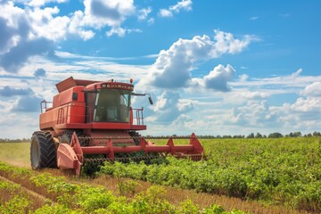 A red tractor is in a field of crops. The sky is blue and there are clouds in the background