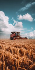 Obraz premium A tractor is driving through a field of wheat. The sky is blue and there are clouds in the background
