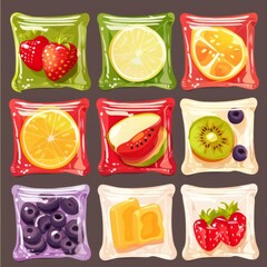 Healthy fruit snacks, assorted and ready to eat, flat design illustration