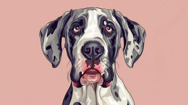 Expressive great dane portrait. Illustration of a Great Dane dog with a soulful, pensive expression, set against a minimalist pink backdrop.