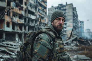 Fototapeta premium A portrait of a soldier standing in front of destroyed high-rise buildings, capturing the resilience and determination amidst the devastation of war