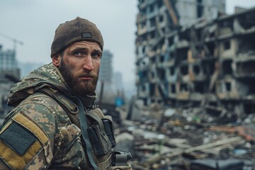 Obraz premium A portrait of a soldier standing in front of destroyed high-rise buildings, capturing the resilience and determination amidst the devastation of war