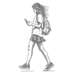 Fototapeta premium Sketch of Young Woman Walking, Smartphone in Hand, Backpack