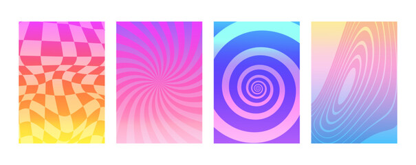 Y2K psychedelic backgrounds set. 2000s style gradient cover templates with distorted elements collection.