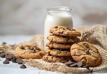 Chocolate Chip Cookies Milk Burlap Background
