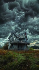 Obraz premium A spooky abandoned house with a ghostly figure visible in the window, set against a dramatic sky with dark clouds, and surrounded by tall, overgrown grass, evoking an eerie and haunting atmosphere.