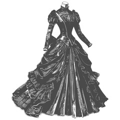 Obraz premium Victorian Era Bustle Gown: Monochrome Fashion Illustration