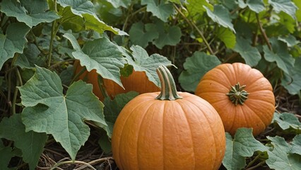 Obraz premium Harvest Time Vibrant Orange Pumpkins on Lush Green Vines