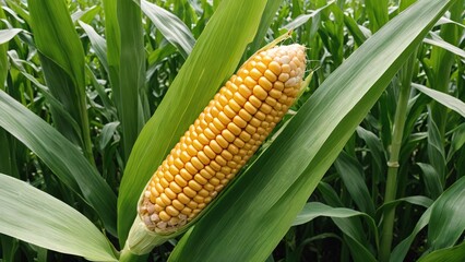Golden Harvest CloseUp of Fresh Corn on the Cob and Lush Green Corn Plants
