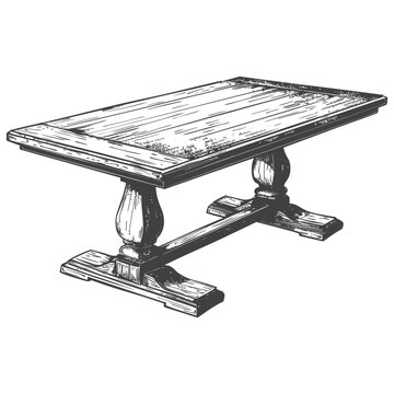 Etched Wooden Farmhouse Table: Hand-Drawn Illustration, Rustic Dining Furniture Detail.