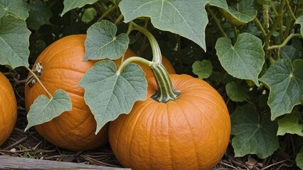 Harvest Time Vibrant Orange Pumpkins on Lush Green Vines