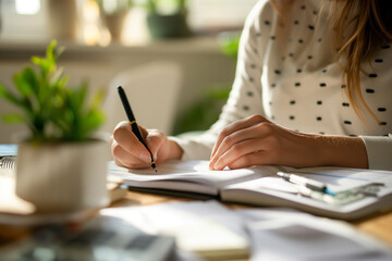 Woman Writing Notes at Home Desk, Financial Planning