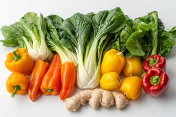 Fresh and colorful Chinese vegetables on a clean white background, including bok choy, bell peppers, and ginger, arranged neatly to showcase their freshness and vibrancy. 