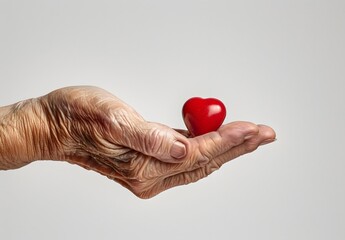 Elderly Woman's Hand Holding Red Heart-Shaped Pill