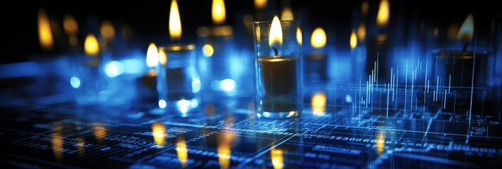 Detailed macro view of blue stock market trading chart with candlestick graphs for data analysis