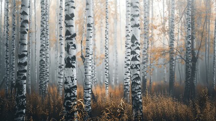Obraz premium majestic birch trees in an expansive forest, white bark glowing, tranquil and strong, selective focus, ethereal beauty theme, ethereal, overlay, morning light backdrop