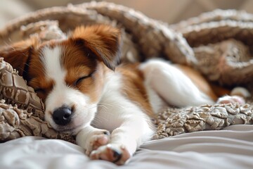 A peaceful puppy sleeping soundly on a soft blanket, embodying comfort and tranquility.






