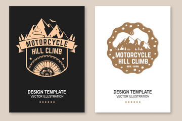 Motorcycle hill climb posters. Vector. Extreme sport template with wheel, mountain and brake disc. © sivvector