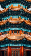 Obraz premium Traditional Chinese architectural details on a historical building, highlighting ornate carvings, curved rooflines, and rich, vibrant colors that reflect ancient craftsmanship